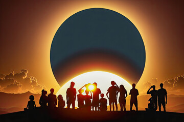 Canvas Print - Silhouettes of People watching a total solar eclipse - Generative AI