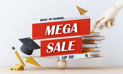 Wall Mural - Back to school sale banner money with stack of books and cap or hat and sale red text and podium product stand in white background for education school shopping promotion. 3d render illustration.