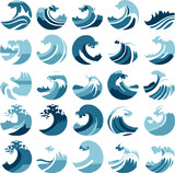 Fototapeta Niebo - Waves icons bundle, blue waves, multicolor, vector icons