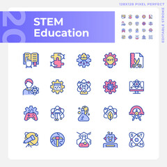 Wall Mural - STEM education pixel perfect RGB color icons set. Integrate computing technology. Students development. Isolated vector illustrations. Simple filled line drawings collection. Editable stroke