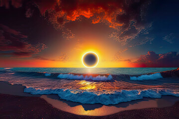 Wall Mural - A total solar eclipse with the sun just above the horizon, view from the beach at sunset - Generative AI