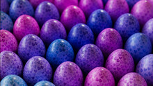 Collection Of Precisely Organized Eggs With Heart Patterns. Blue And Pink Easter Background.
