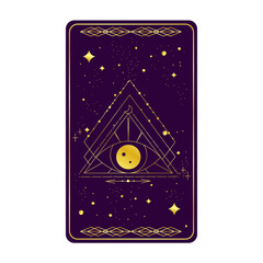 Wall Mural - Tarot card gold with mystic eye pyramid isolated. Boho esoteric tarot card with eye and star. Vector illustration. Sacred geometry celestial triangle