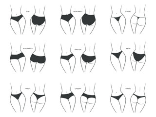 Collection of silhouettes of a female figure in a different panties - front and back view. Vector illustration isolated on white background