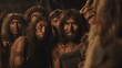 Urzeitliche Steinzeit Neandertaler machen ein Selfie mit Handy, ai generativ
