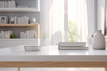 Close - up Modern white table top with free space to edit your product display with books above the living room blurred in the background 