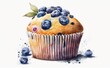 A drawn blueberry muffin cupcake on white background watercolor pastry illustrations Generative AI