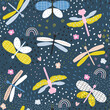Seamless pattern with dragonflies, flowers, doodle elements. Childish summer print. Vector hand drawn illustration.