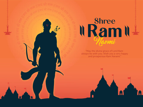 illustration of lord ram bow arrow and temple background for indian festival ram navmi.