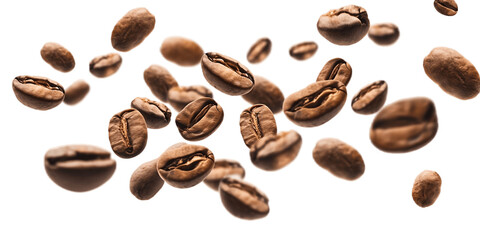 Coffee beans flying isolated on isolated png background. Generative AI