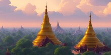 Beautiful Thai, Myanmar And Southeast Asia Pagodas In Nature, Anime Background, Anime Scene, Illustration