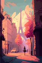 Paris City Of Love. Romantic Poster Of France Capital. Vector Art Painting Of Landmark. Magical Colorful Artwork. Eiffel Tower And Architecture. Colorful  Bohemian City. 