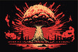 Nuclear explosion. Vector art of the atomic bomb. Huge mushroom cloud. Explosive destruction. Toxic radioactivity.Fear of nuclear war. Catastrophic event. World war. Nagazaki town. Horro history.