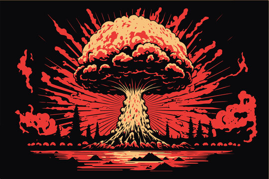 Wall Mural -  - Nuclear explosion. Vector art of the atomic bomb. Huge mushroom cloud. Explosive destruction. Toxic radioactivity.Fear of nuclear war. Catastrophic event. World war. Nagazaki town. Horro history.