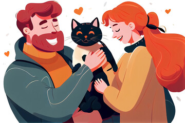 Happy family of two and cat, posing together. Cartoon characters