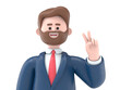 3D illustration of smiling bearded american businessman Bob winking at the camera doing victory sign. Number two.3D rendering on white background.
