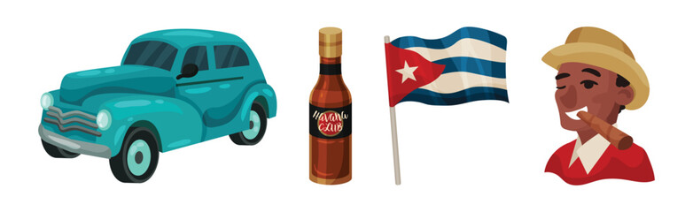 Wall Mural - Cuba Symbols with Car, Alcohol Bottle, Flag and Smiling Man Vector Set