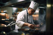 © xartproduction - Professional chef cooking in the kitchen restaurant at the hotel, preparing dinner.. generative AI