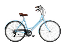 Blue Retro Bicycle, Side View. Brown Leather Saddle And Handles. Vintage Look City Bike. Png Isolated On Transparent Background