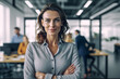 Business-Frau in Büro mit Blick in Kamera - Thema Karriere, Business oder Führungsposition oder Erfolg - Generative AI