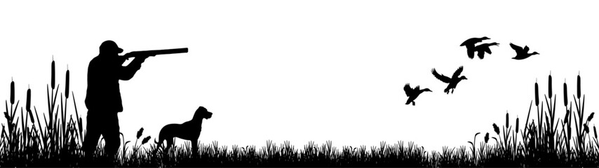 wildlife duck animals hunting hunt landscape panorama vector illustration - black silhouette of hunt