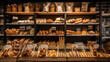 An organic, eco-friendly vegan grocery and bakery store featuring a wooden wall and parquet floor, offering a variety of bread, buns, and snacks on shelves for a healthy shopping lifestyle, perfect fo