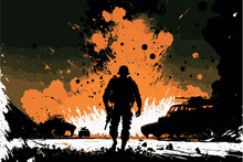 Silhouette Of Soldier On Battlefield. Warzone. Military Man On Desolated Area. Vector Illustration Of Explosion And Destruction. Modern War, Burning Landscape. Black Smoke. Apocalypse. Infantry Troops
