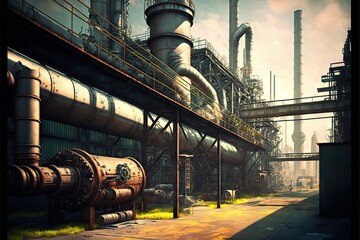 Wall Mural - Oil pipeline in industry district with chemical factories at smoky dusk, created with generative ai