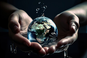 blue earth world on two hands with dripping water, abstract black background. earth day concept, wor