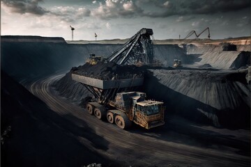 Coal mining at an open pit, heavy industry, created with generative ai