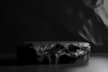 Wall Mural - Dark rock podium for packaging and cosmetic presentation. Black and white stone display with abstract product placement. Realistic 3D rendering