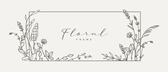 Elegant hand drawn floral frame with delicate meadow flowers, herbs, branches, plants. Vector illustration in line art style