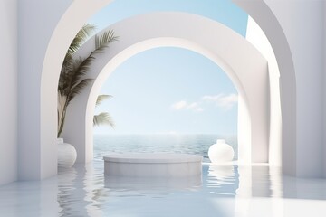 Wall Mural - White arch background with marble podium on water for product presentation. Summer scene. 3D rendering