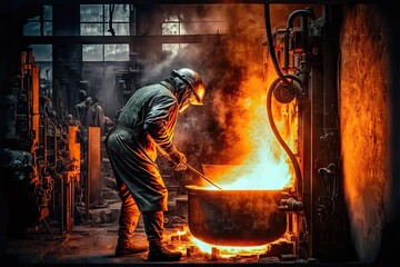 Sticker - Worker controlling metal melting in furnaces at metallurgical industry plant, created with generative ai