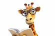 A cute little giraffe reading a book with a keen interest