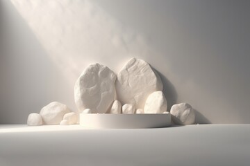 Wall Mural - Stones podium for product presentation with white concrete texture and shadow on the wall. Realistic 3D rendering