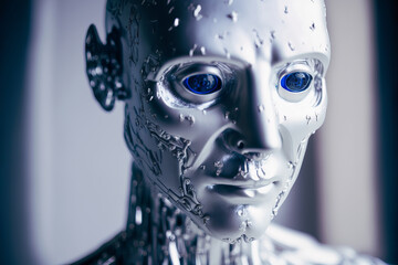 Generative AI illustration of stainless steel realistic android robot with blue eyes looking away