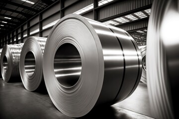 Poster - Shiny thin aluminum foil in large rolls in aluminum industry factory warehouse, created with generative ai