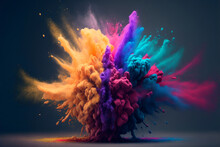 Generative AI Illustration Of Freeze Motion Of Colored Powder Explosion Against Dark Blue Background
