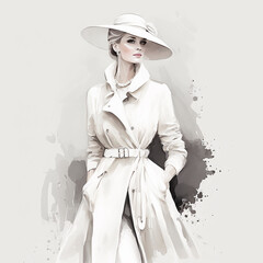 Wall Mural - Hand-drawn beautiful young woman stylish fashion illustration of clothes, sketch of clothes on a light background. Generative AI.