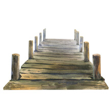 Watercolor Illustration, Old Wooden Pier. Hand Drawn Watercolor Graphic Sketch Isolated On White Background.