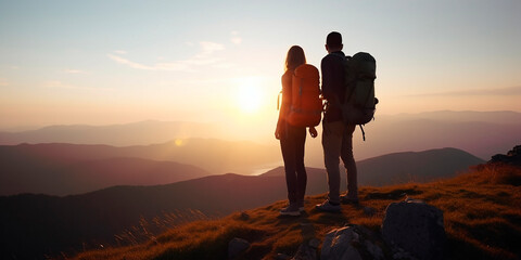 Wall Mural - A pair of man and woman friends standing on top of a mountain together on a hike with backpacks in the sunset sunlight, a view of the beautiful scenery from above, a family hike. Generative AI.