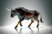 Generative AI Illustration Of Crystal Bull Statue With Long Horns On White Background