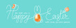 We wish you Happy Easter with love, joy, peace - greeting vector banner. Hand drawn minimal line art inscription around 3d golden egg, shaped as cute bunny, butterfly, flower in spring bright colors