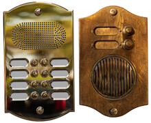 Close-up Of A Brass Intercom And Old Rusty Intercom With Doorbells, Isolated On White Or Transparent Background, Photography. Png.