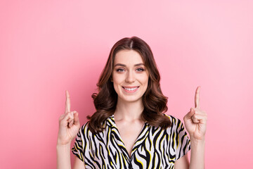 Wall Mural - Photo of smiling promoter marketer girlish lady wear zebra style blouse direct fingers mockup cheap retro clothes isolated on pink color background