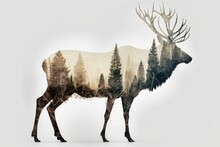 Double Exposure Photomontage Of Full Length Elk Silhouette And Forest. Generative AI Illustration.