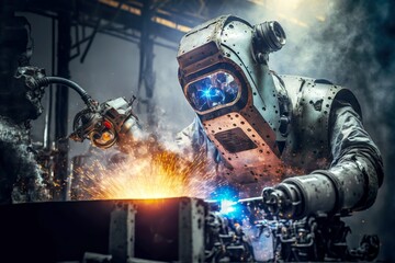 Canvas Print - Workers in automotive industry are engaged in welding car parts, created with generative ai