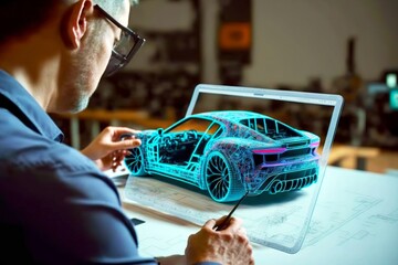 Poster - Automotive industry designer draws and develops new model of modern sports car, created with generative ai