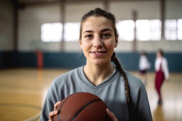 Young female basketball coach smiling in school gym. Photo generative AI